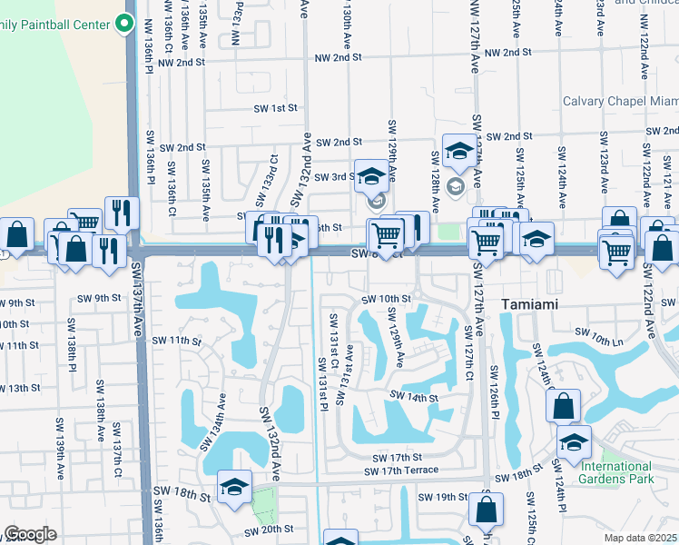 map of restaurants, bars, coffee shops, grocery stores, and more near 13161 Southwest 10th Street in Miami