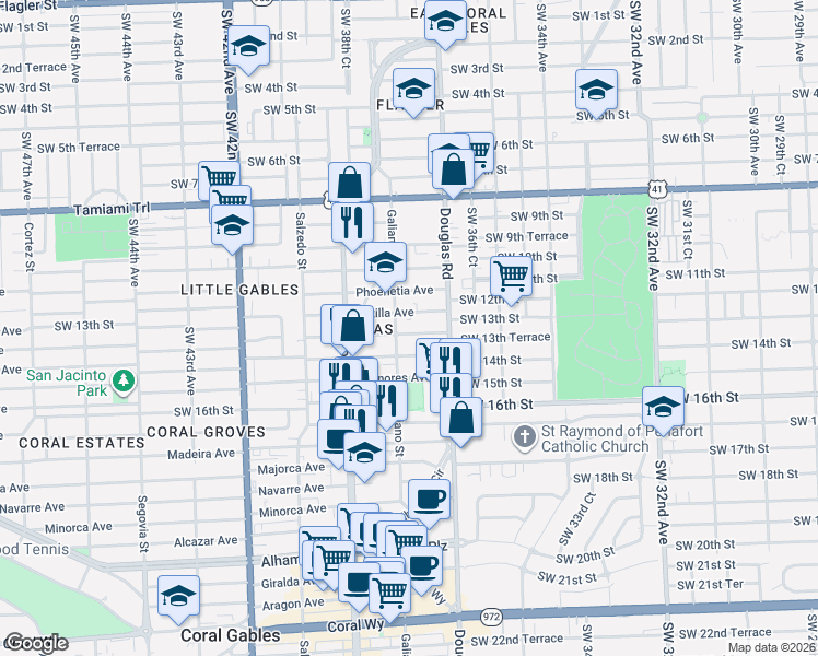map of restaurants, bars, coffee shops, grocery stores, and more near 24 Sidonia Avenue in Coral Gables