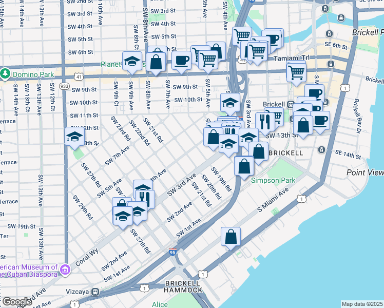 map of restaurants, bars, coffee shops, grocery stores, and more near 321 Southwest 20th Road in Miami