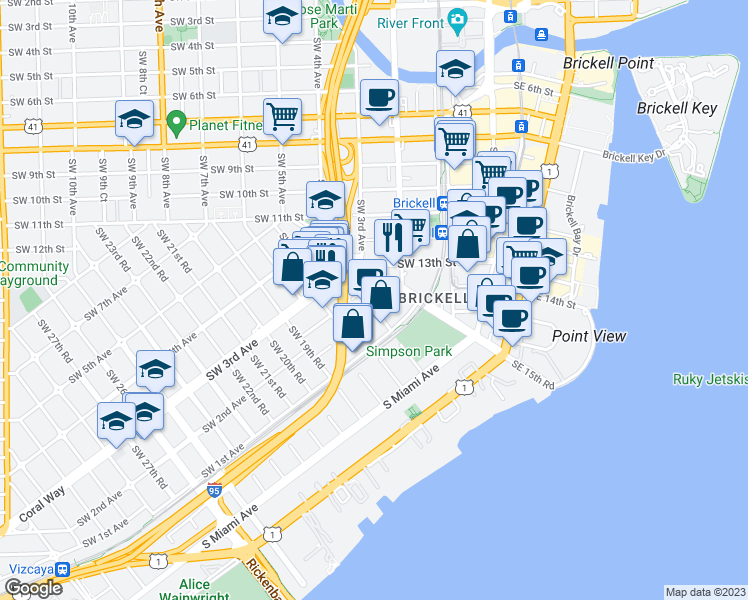 map of restaurants, bars, coffee shops, grocery stores, and more near 1726 Southwest 2nd Avenue in Miami