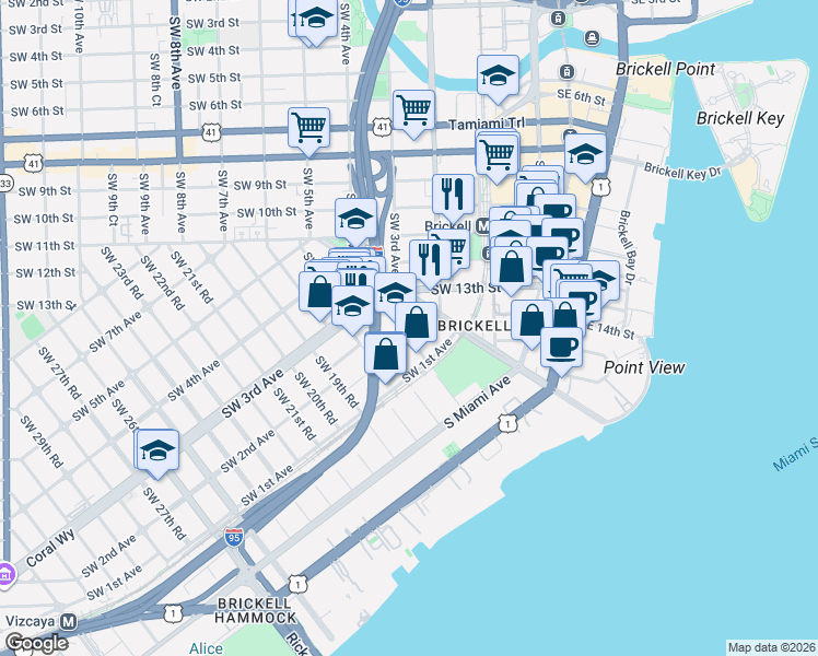 map of restaurants, bars, coffee shops, grocery stores, and more near 201 Southwest 17th Road in Miami