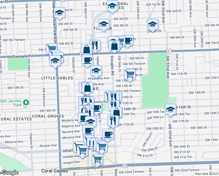 map of restaurants, bars, coffee shops, grocery stores, and more near 24 Sidonia Avenue in Coral Gables