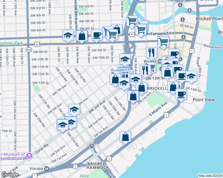 map of restaurants, bars, coffee shops, grocery stores, and more near 1859 Southwest 3rd Avenue in Miami