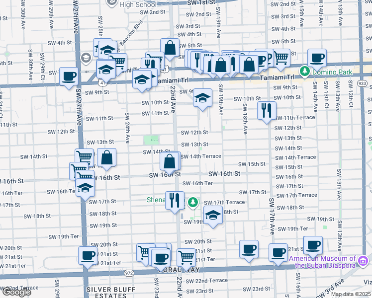 map of restaurants, bars, coffee shops, grocery stores, and more near 2122 Southwest 14th Terrace in Miami