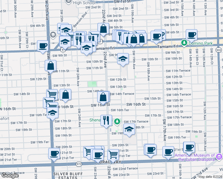map of restaurants, bars, coffee shops, grocery stores, and more near in Miami