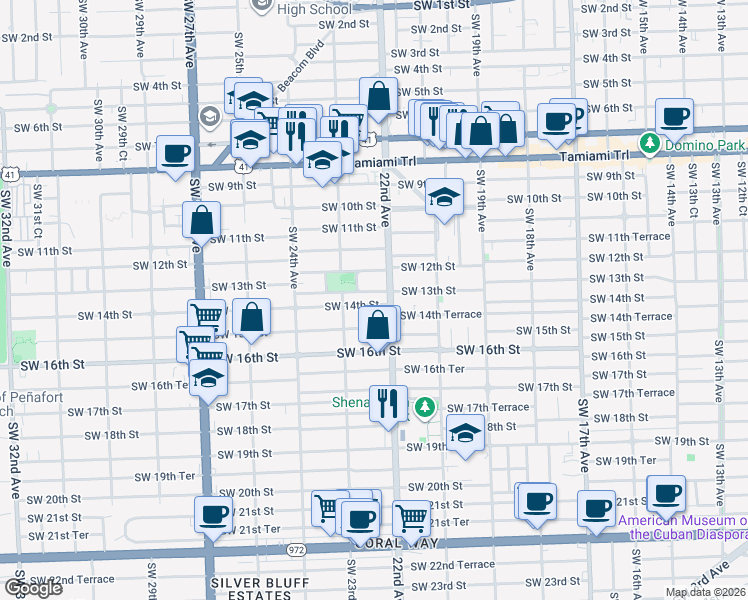 map of restaurants, bars, coffee shops, grocery stores, and more near 1434 Southwest 22nd Avenue in Miami