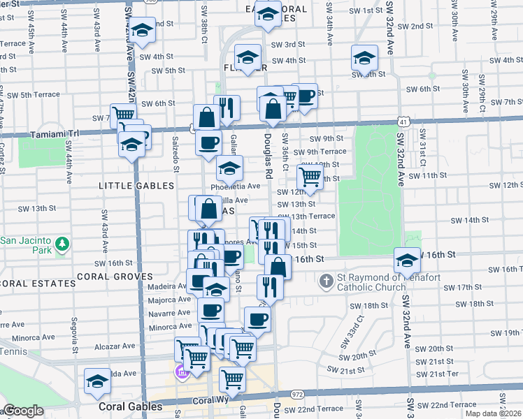 map of restaurants, bars, coffee shops, grocery stores, and more near 24 Sidonia Avenue in Coral Gables
