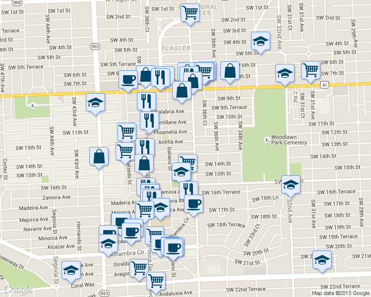 map of restaurants, bars, coffee shops, grocery stores, and more near 24 Sidonia Avenue in Coral Gables