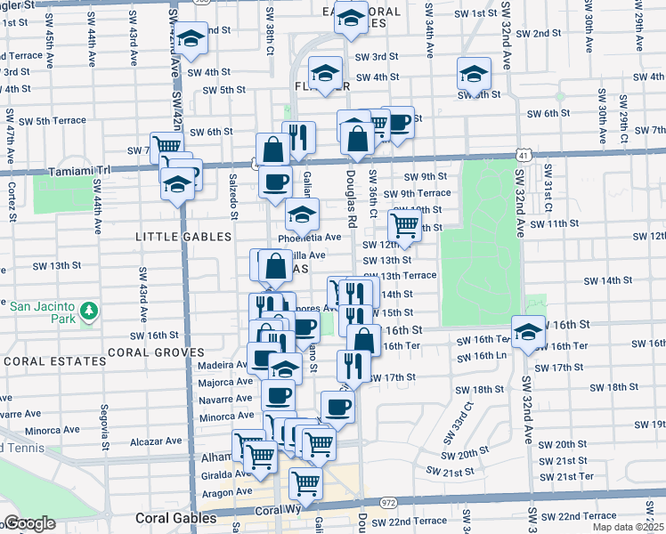 map of restaurants, bars, coffee shops, grocery stores, and more near 24 Sidonia Avenue in Coral Gables