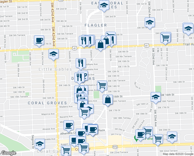 map of restaurants, bars, coffee shops, grocery stores, and more near 24 Sidonia Avenue in Coral Gables