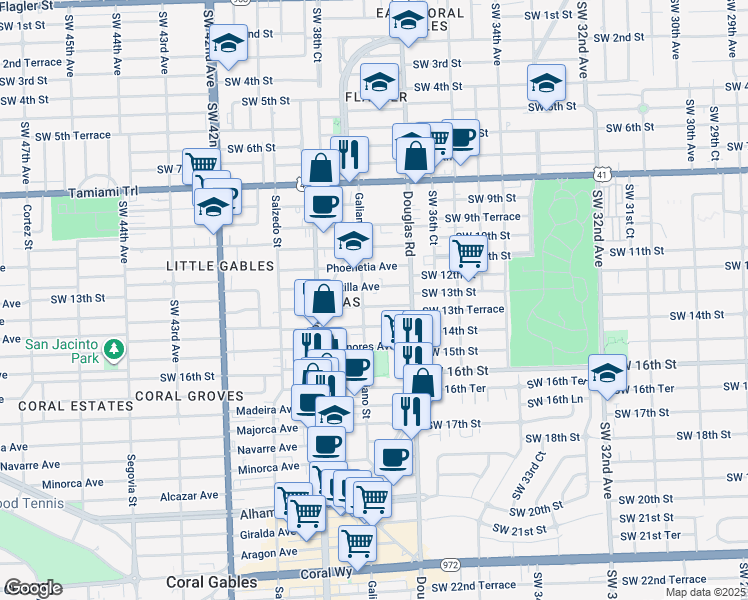map of restaurants, bars, coffee shops, grocery stores, and more near 24 Sidonia Avenue in Coral Gables
