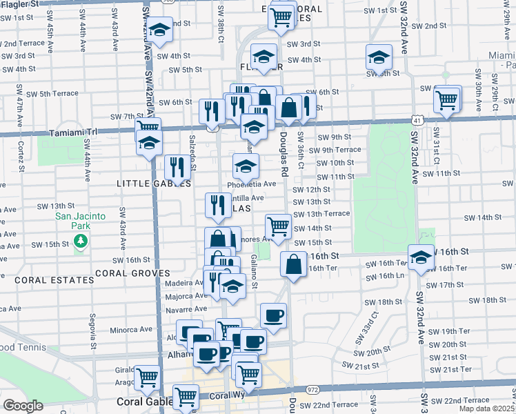 map of restaurants, bars, coffee shops, grocery stores, and more near 24 Sidonia Avenue in Coral Gables