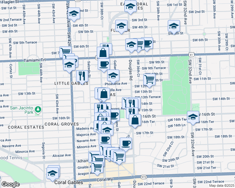 map of restaurants, bars, coffee shops, grocery stores, and more near 110 Sidonia Avenue in Coral Gables