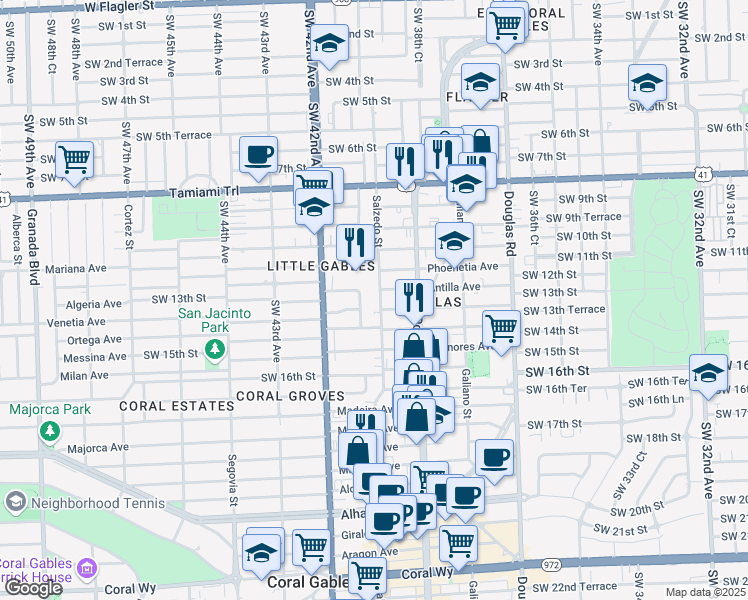map of restaurants, bars, coffee shops, grocery stores, and more near 1301 Salzedo Street in Coral Gables