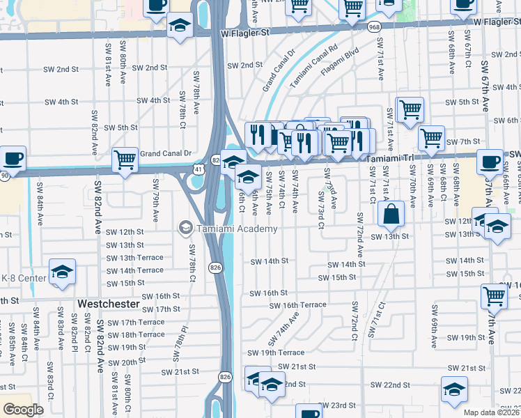 map of restaurants, bars, coffee shops, grocery stores, and more near 1132 Southwest 75th Avenue in Miami