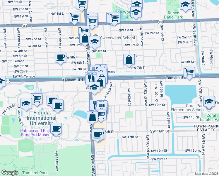 map of restaurants, bars, coffee shops, grocery stores, and more near 1001 Southwest 105th Avenue in Miami