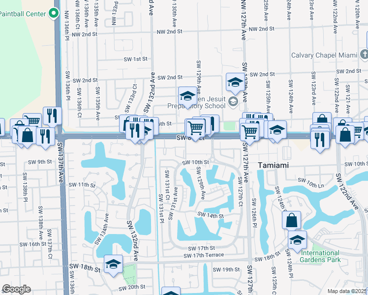 map of restaurants, bars, coffee shops, grocery stores, and more near 12970 Southwest 9th Street in Miami