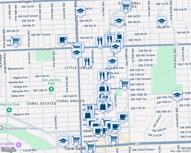 map of restaurants, bars, coffee shops, grocery stores, and more near 235 Sidonia Avenue in Coral Gables