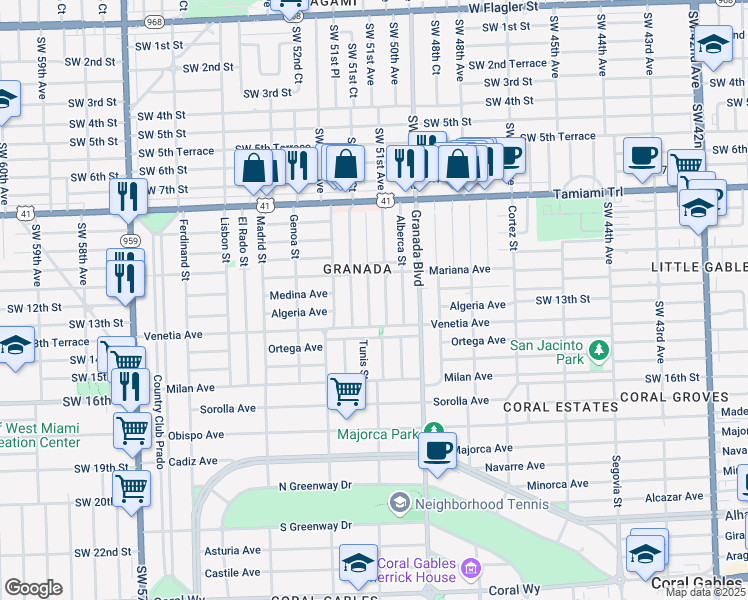 map of restaurants, bars, coffee shops, grocery stores, and more near 1220 Cordova Street in Coral Gables
