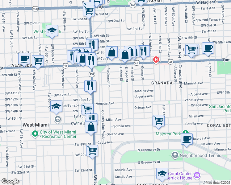 map of restaurants, bars, coffee shops, grocery stores, and more near 1422 Medina Avenue in Coral Gables