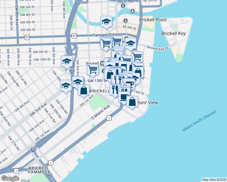 map of restaurants, bars, coffee shops, grocery stores, and more near in Miami
