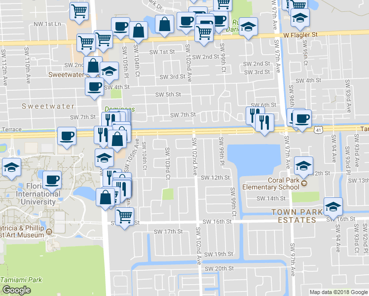 map of restaurants, bars, coffee shops, grocery stores, and more near 10233 Southwest 9th Terrace in Miami