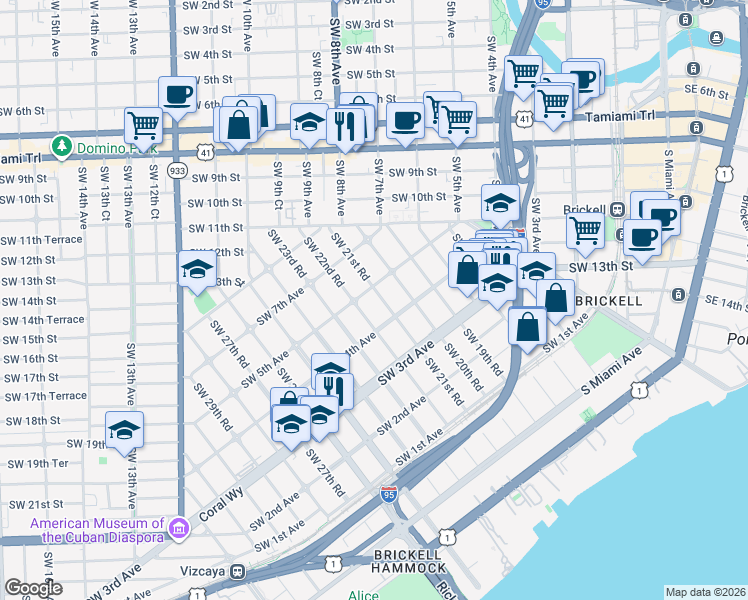 map of restaurants, bars, coffee shops, grocery stores, and more near 420 Southwest 22nd Road in Miami