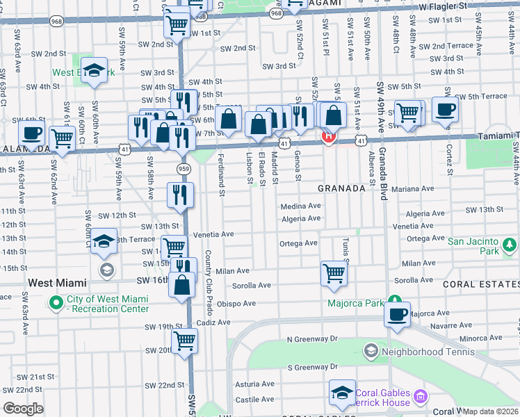 map of restaurants, bars, coffee shops, grocery stores, and more near 1222 El Rado Street in Coral Gables
