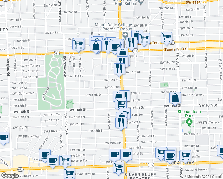map of restaurants, bars, coffee shops, grocery stores, and more near 2730 Southwest 14th Street in Miami