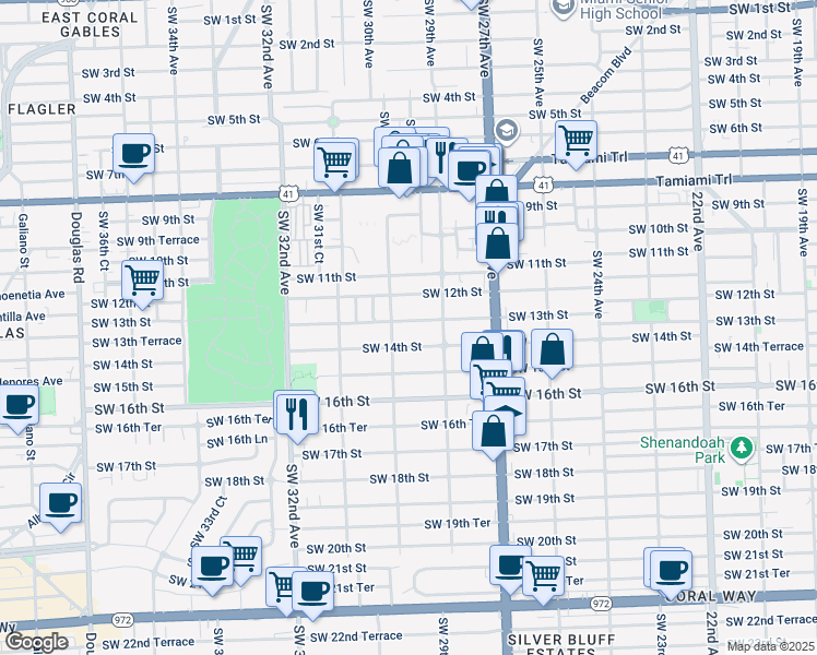 map of restaurants, bars, coffee shops, grocery stores, and more near 2999 Southwest 14th Street in Miami