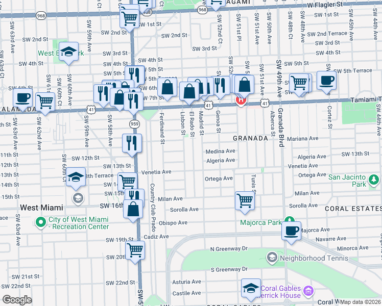 map of restaurants, bars, coffee shops, grocery stores, and more near 1222 El Rado Street in Coral Gables