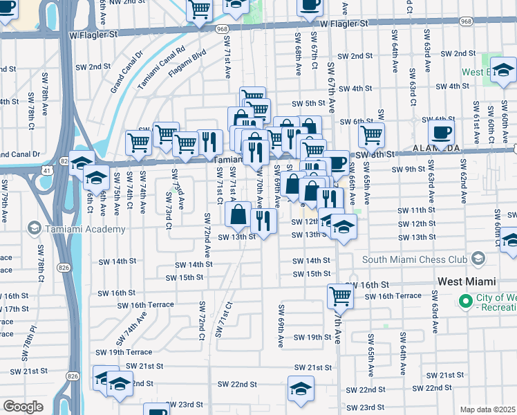 map of restaurants, bars, coffee shops, grocery stores, and more near 1148 Southwest 70th Avenue in Miami