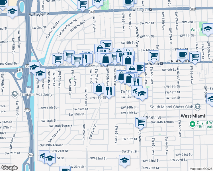 map of restaurants, bars, coffee shops, grocery stores, and more near 1100 Southwest 70th Avenue in Miami