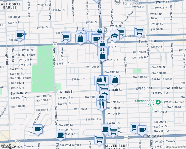 map of restaurants, bars, coffee shops, grocery stores, and more near 2730 Southwest 14th Street in Miami