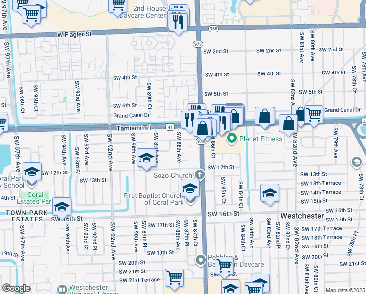 map of restaurants, bars, coffee shops, grocery stores, and more near 8849 Southwest 11th Street in Miami