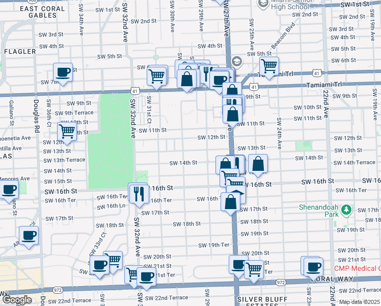 map of restaurants, bars, coffee shops, grocery stores, and more near 2999 Southwest 14th Street in Miami