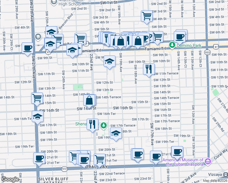 map of restaurants, bars, coffee shops, grocery stores, and more near 2023 Southwest 14th Terrace in Miami