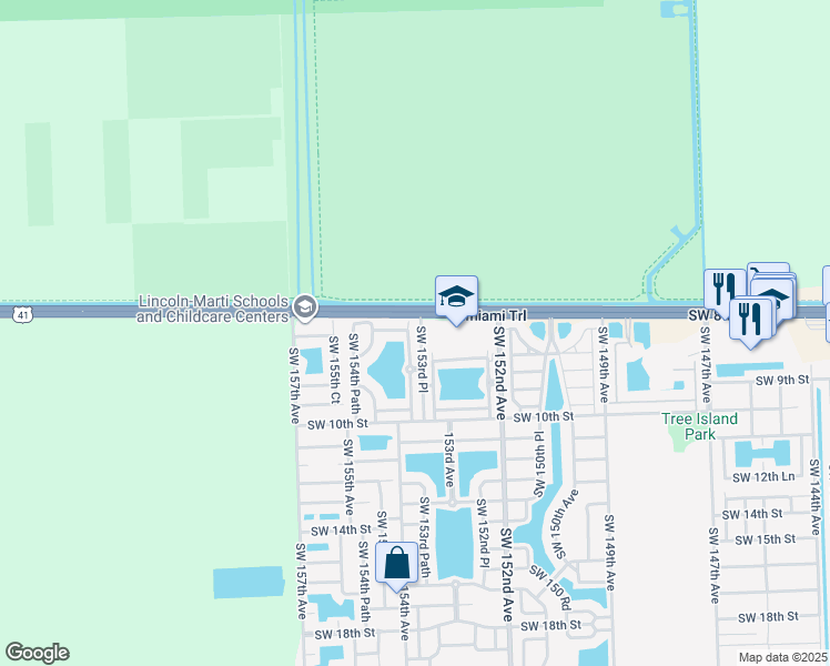 map of restaurants, bars, coffee shops, grocery stores, and more near 882 Southwest 153rd Court in Miami