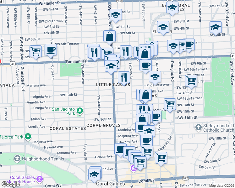 map of restaurants, bars, coffee shops, grocery stores, and more near 4050 Southwest 11th Street in Coral Gables