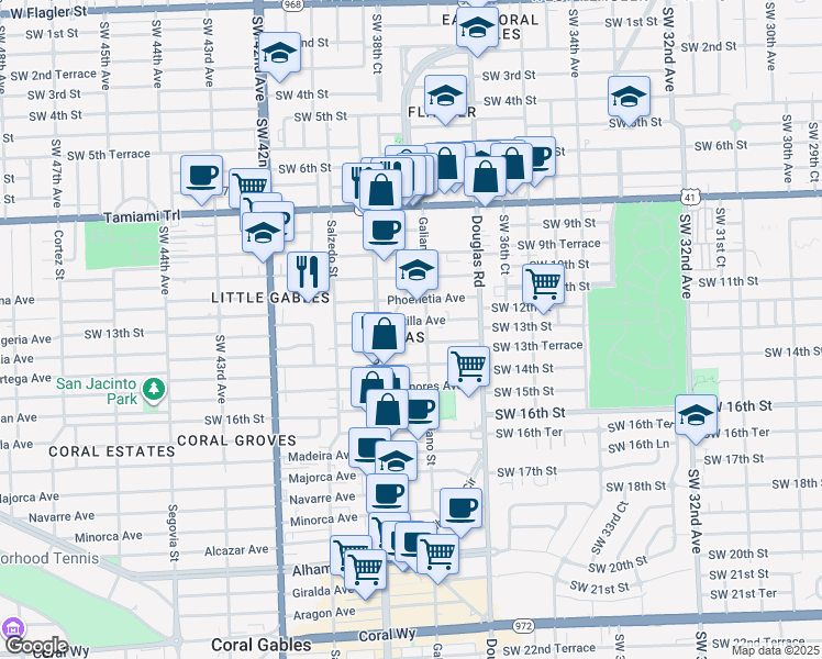 map of restaurants, bars, coffee shops, grocery stores, and more near 110 Phoenetia Avenue in Coral Gables