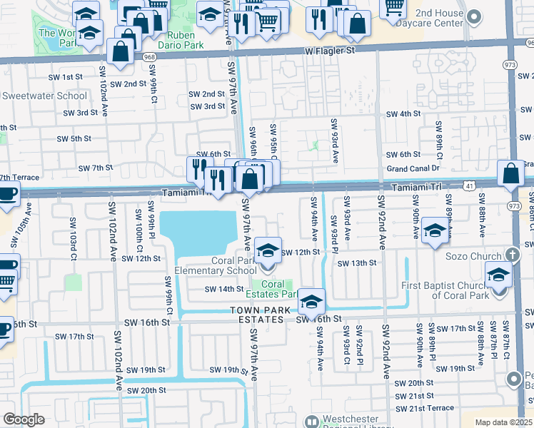 map of restaurants, bars, coffee shops, grocery stores, and more near 9520 Southwest 8th Street in Miami
