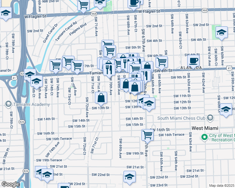 map of restaurants, bars, coffee shops, grocery stores, and more near 960 Southwest 68th Court in Miami
