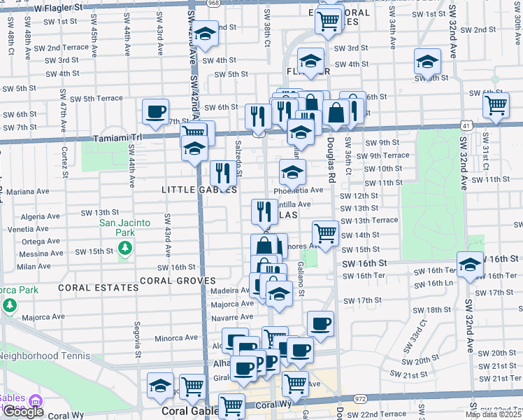 map of restaurants, bars, coffee shops, grocery stores, and more near 1107 Ponce de Leon Boulevard in Coral Gables