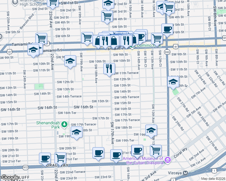 map of restaurants, bars, coffee shops, grocery stores, and more near 1653 Southwest 13th Street in Miami