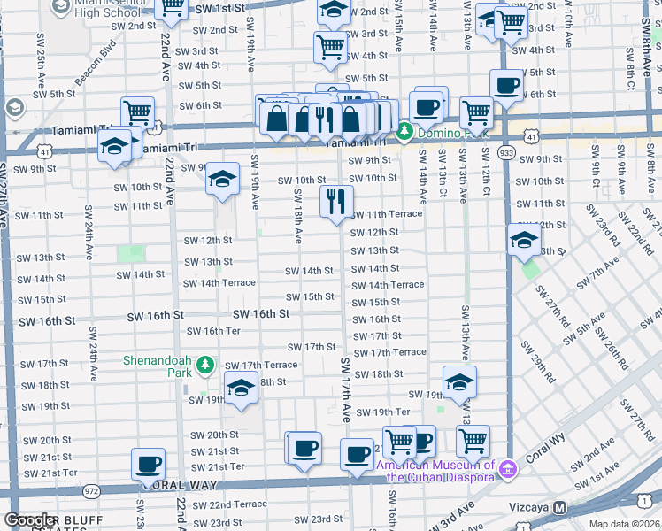 map of restaurants, bars, coffee shops, grocery stores, and more near 1721 Southwest 13th Street in Miami