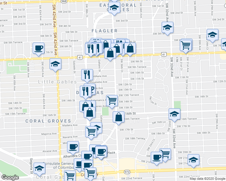 map of restaurants, bars, coffee shops, grocery stores, and more near 24 Phoenetia Avenue in Coral Gables