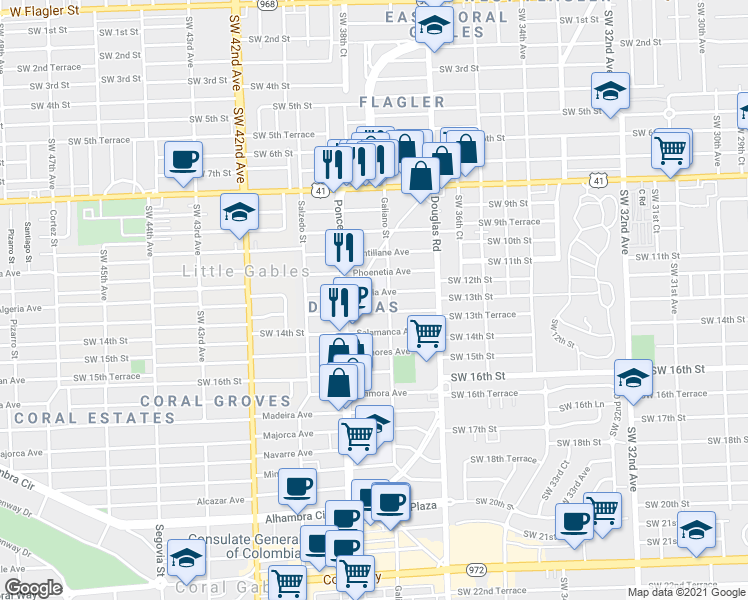 map of restaurants, bars, coffee shops, grocery stores, and more near 110 Phoenetia Avenue in Coral Gables