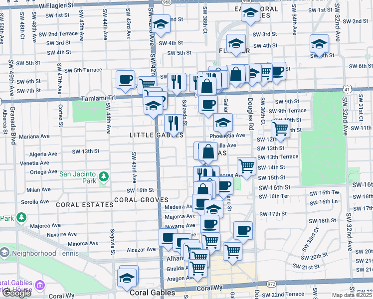 map of restaurants, bars, coffee shops, grocery stores, and more near 234 Phoenetia Avenue in Coral Gables