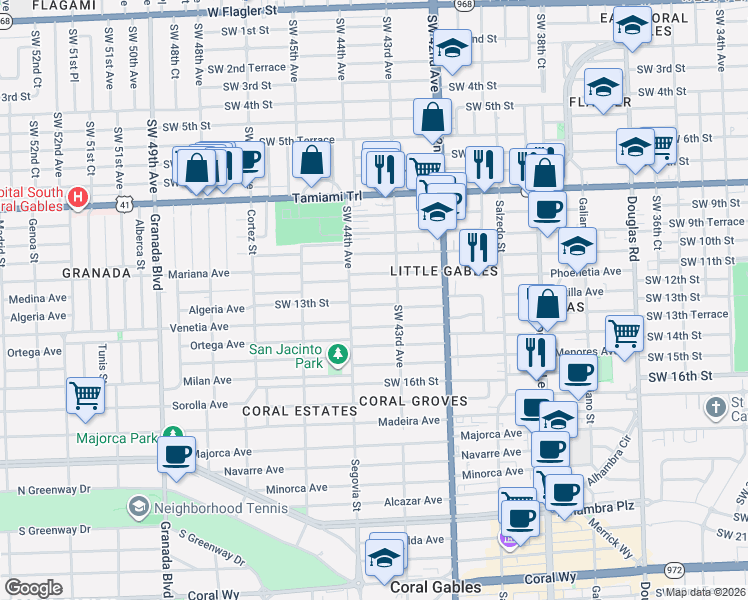 map of restaurants, bars, coffee shops, grocery stores, and more near 4361 Southwest 12th Street in Miami