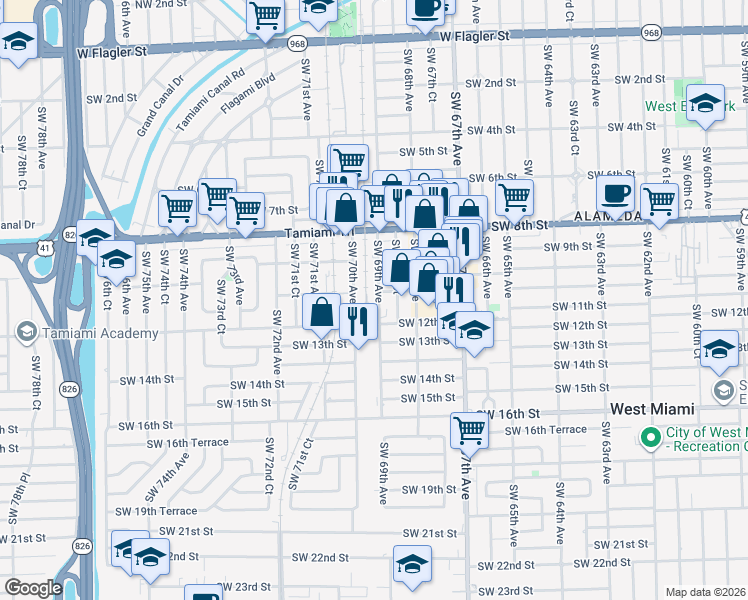 map of restaurants, bars, coffee shops, grocery stores, and more near 960 Southwest 68th Court in Miami